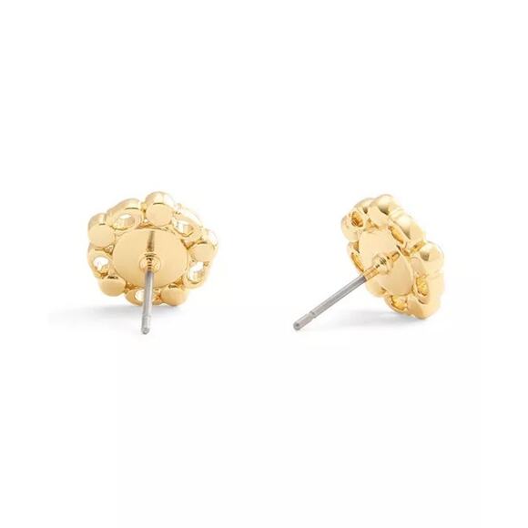 Coach Gold Tone Faux Pearl Rhinestone Stud Earrings Classic Floral Halo - Picture 3 of 4